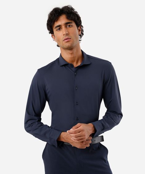 camisa slim fit masculina de poliamida manga longa azul