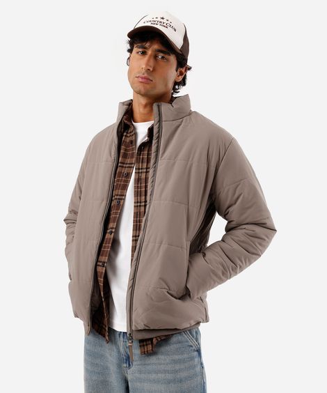 jaqueta puffer masculina gola alta com bolsos marrom