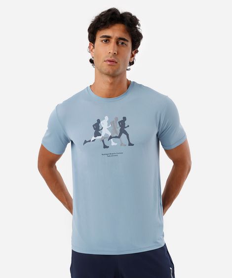 camiseta esportiva masculina de poliamida manga curta estampada azul