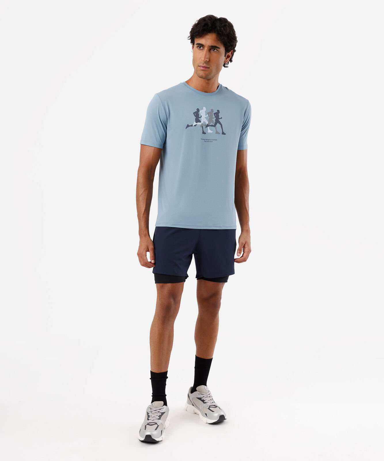 camiseta esportiva masculina de poliamida manga curta estampada azul