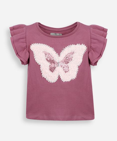 blusa infantil de algodão bordado borboleta com paetê rosa