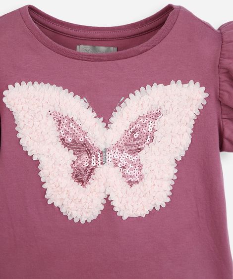 blusa infantil de algodão bordado borboleta com paetê rosa