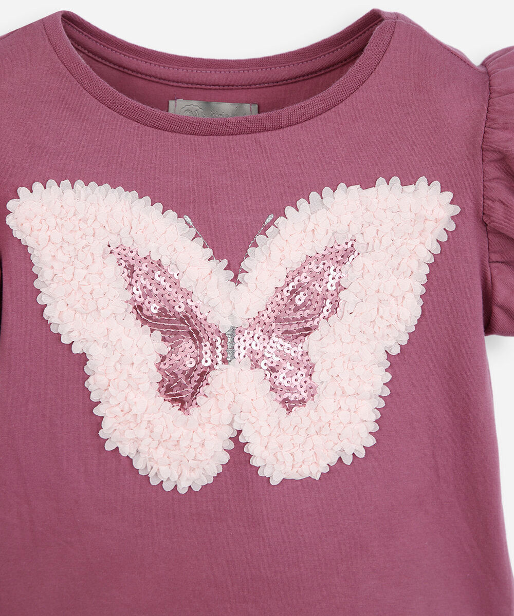 blusa infantil de algodão bordado borboleta com paetê rosa