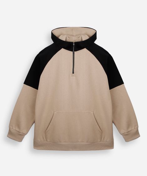 blusa juvenil de moletom felpado com capuz bicolor bege