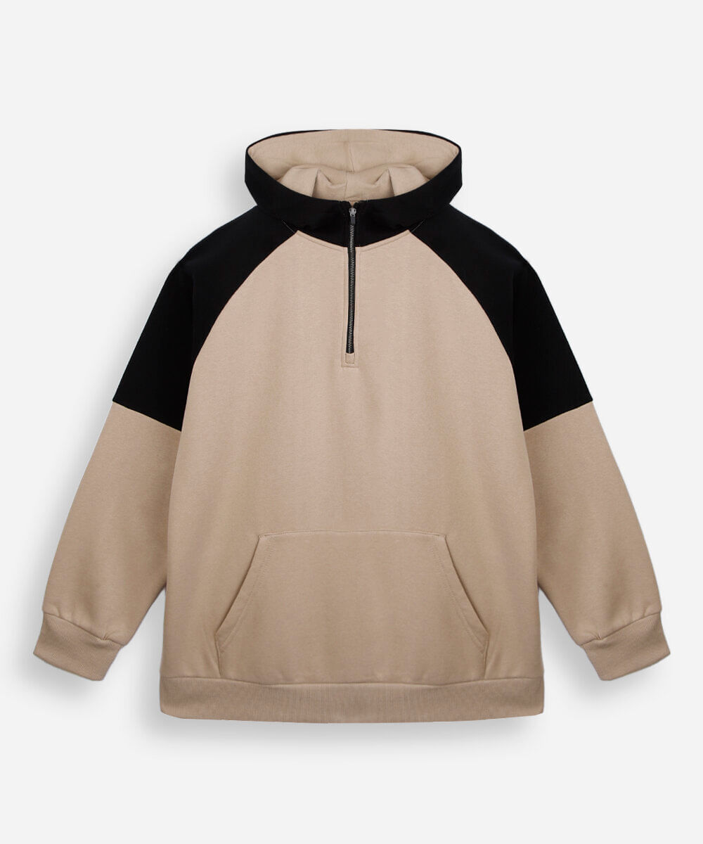 blusa juvenil de moletom felpado com capuz bicolor bege