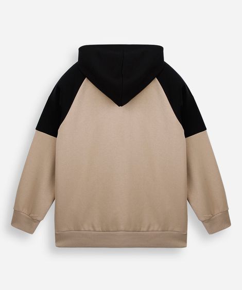 blusa juvenil de moletom felpado com capuz bicolor bege