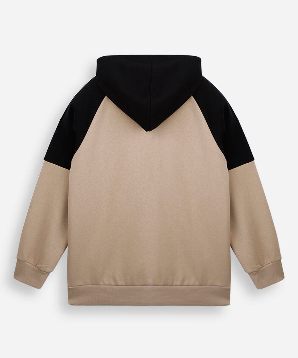 blusa juvenil de moletom felpado com capuz bicolor bege