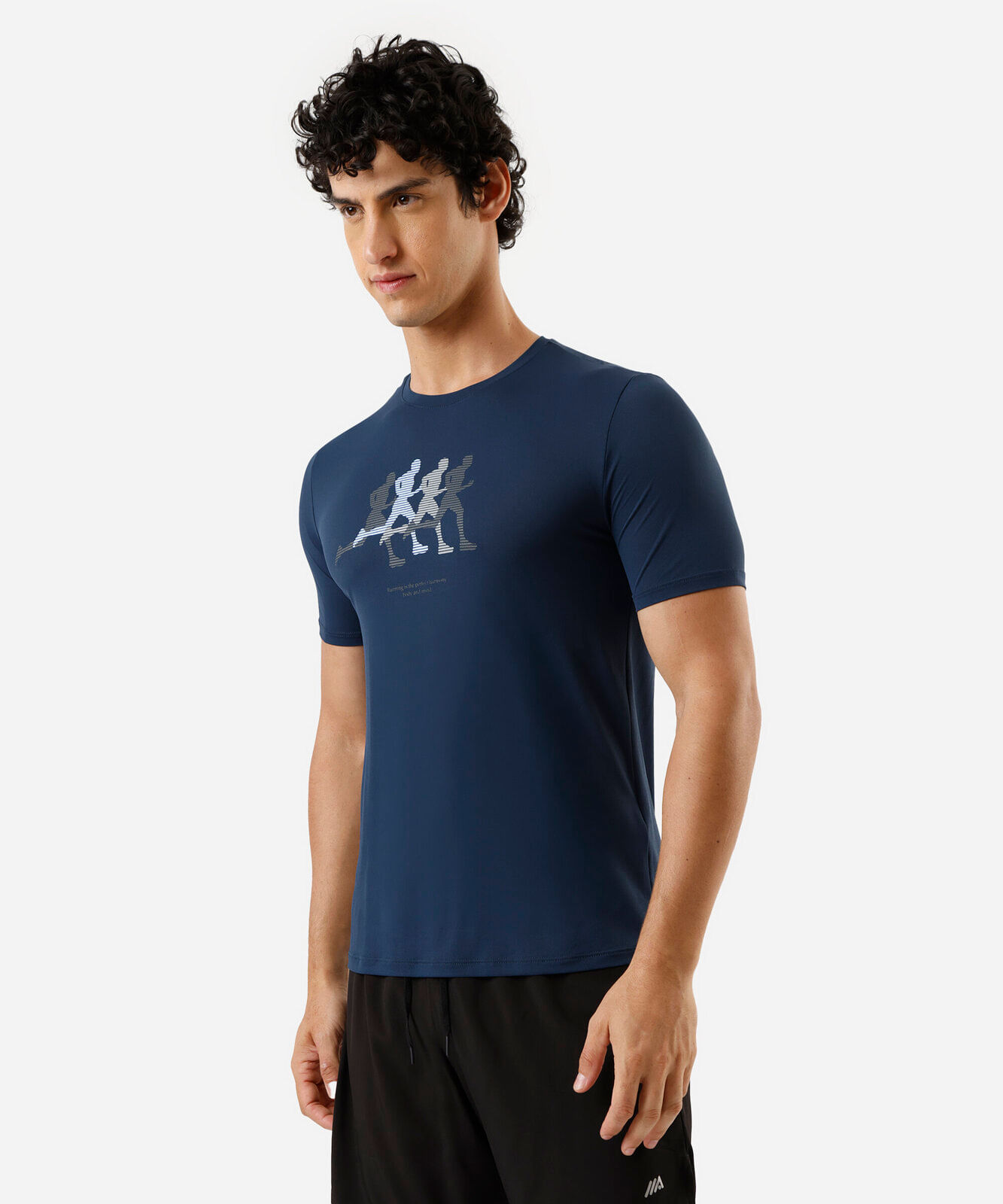 camiseta esportiva masculina de poliamida manga curta estampada azul
