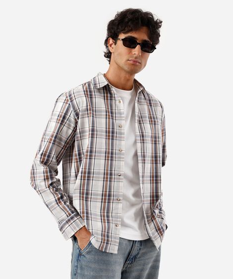 camisa masculina com algodão manga longa xadrez off white