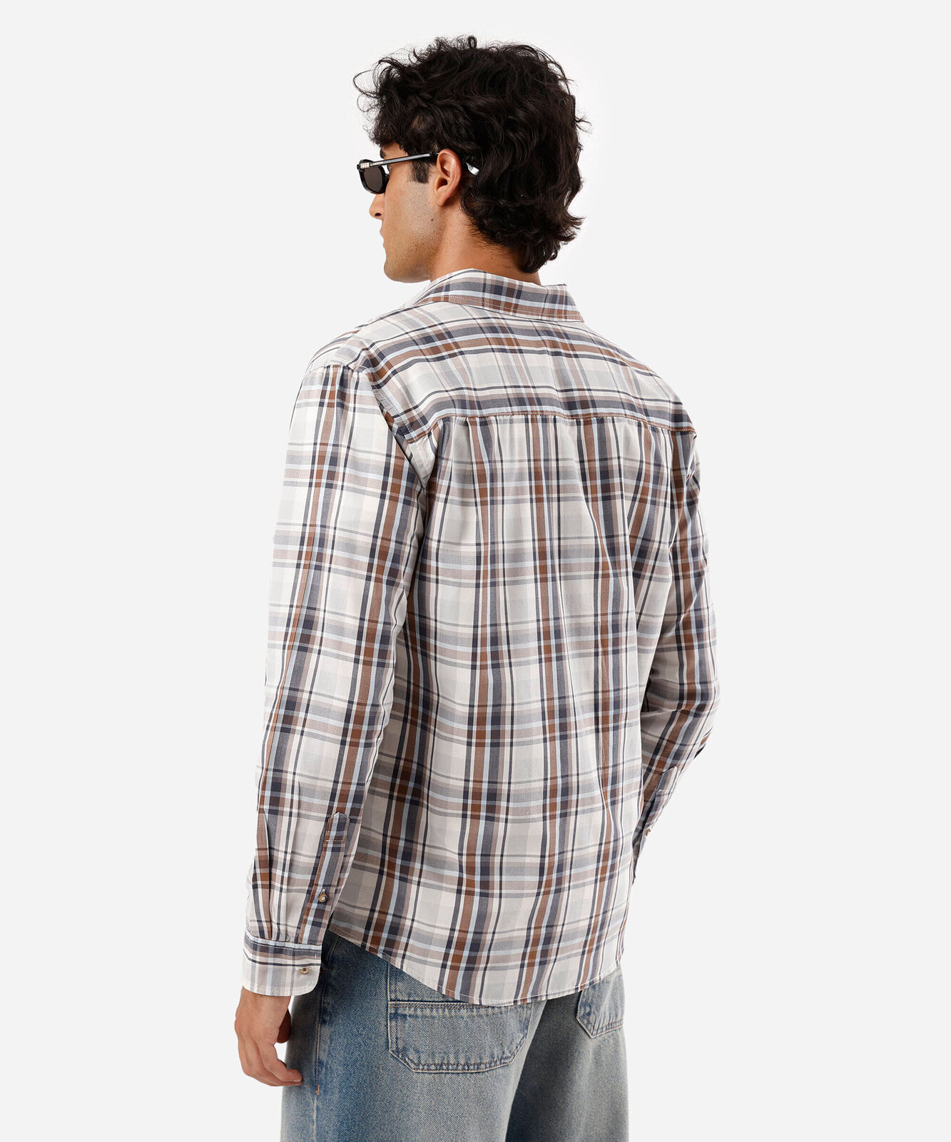 camisa masculina com algodão manga longa xadrez off white