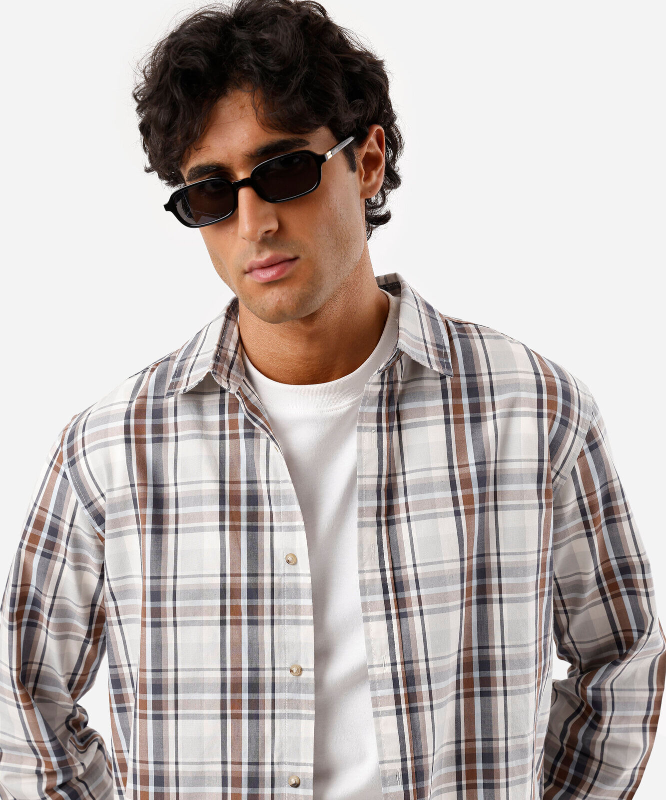 camisa masculina com algodão manga longa xadrez off white