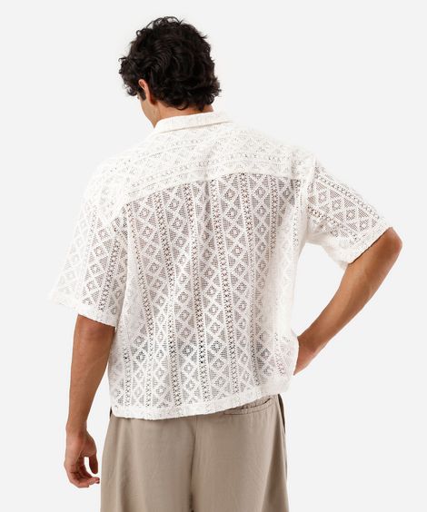 camisa box fit masculina de renda manga curta bege