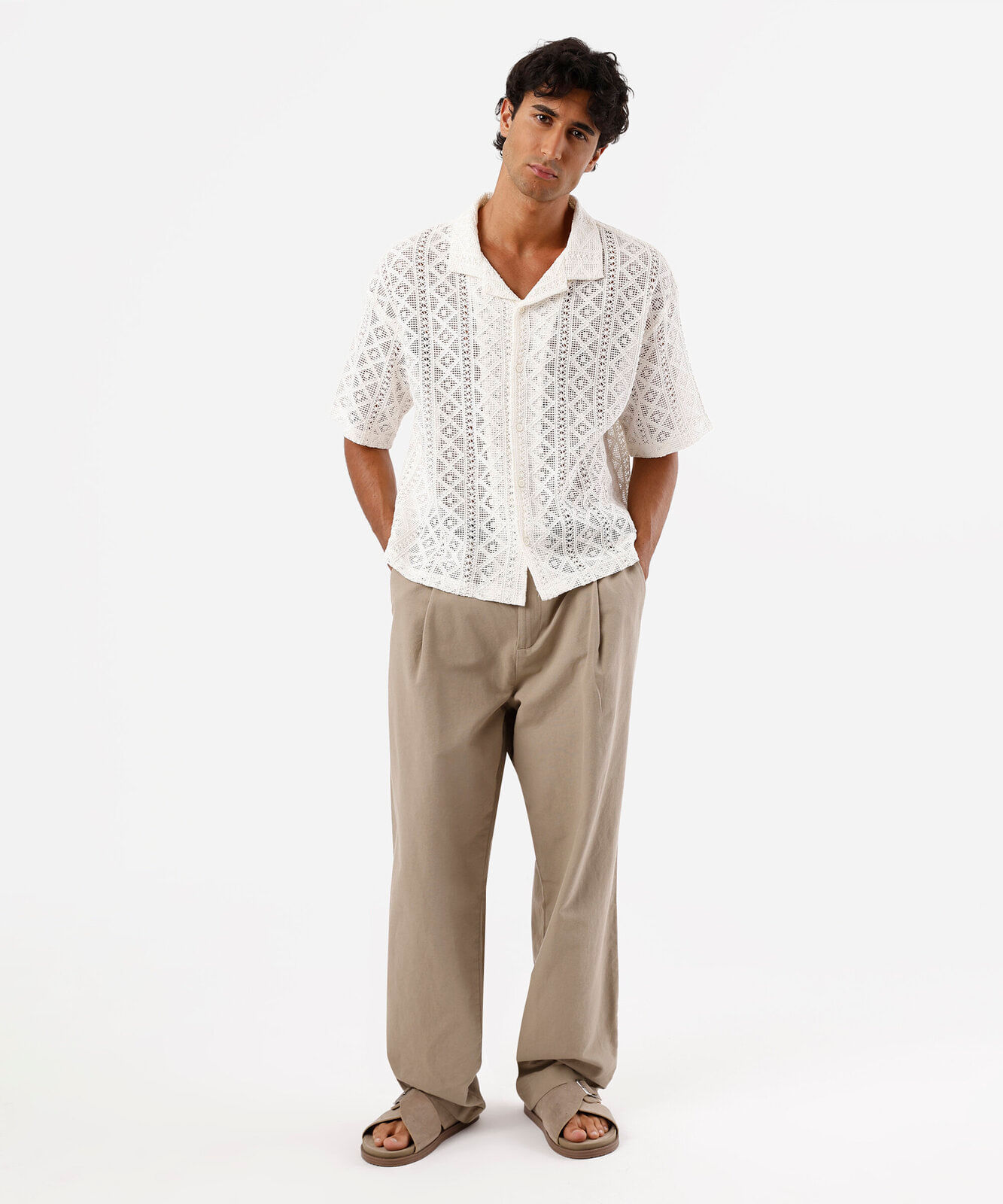 camisa box fit masculina de renda manga curta bege