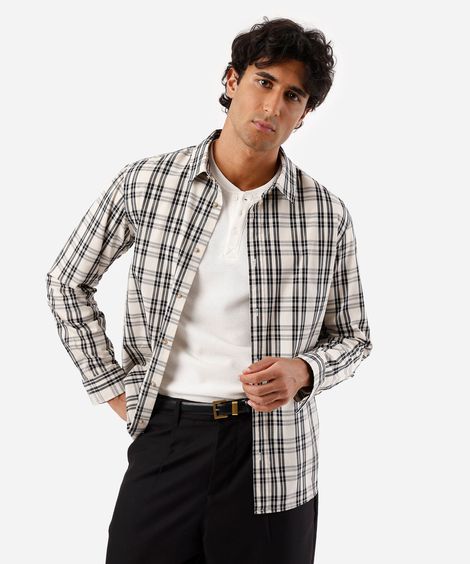 camisa masculina com algodão manga longa xadrez off white