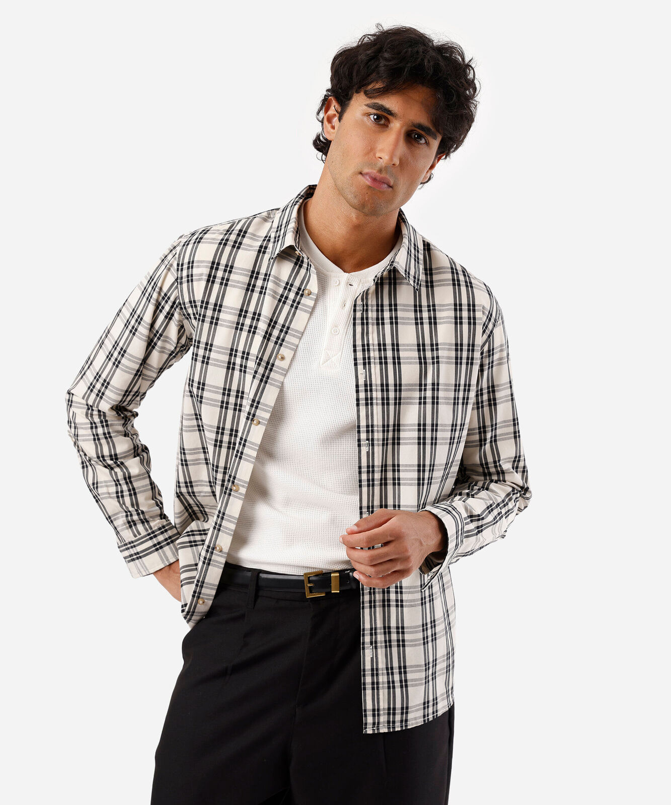 camisa masculina com algodão manga longa xadrez off white