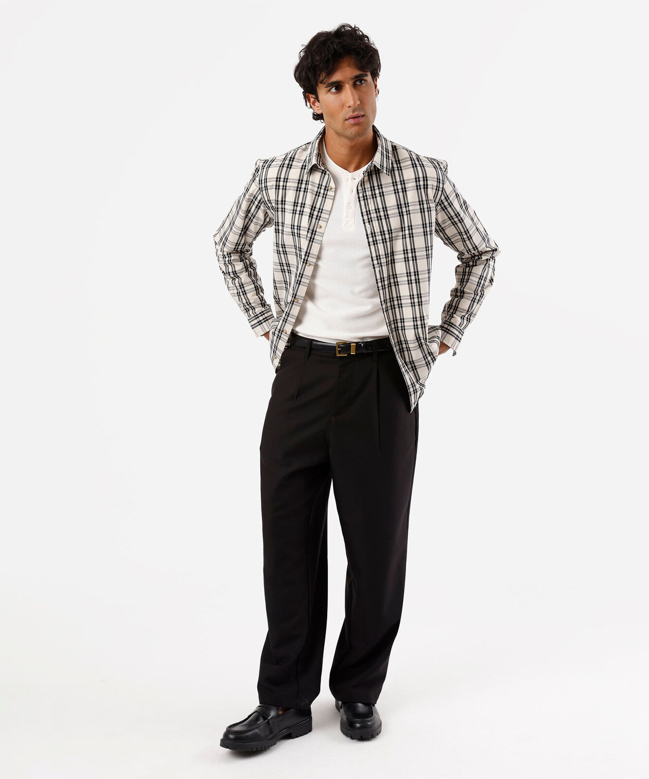 camisa masculina com algodão manga longa xadrez off white