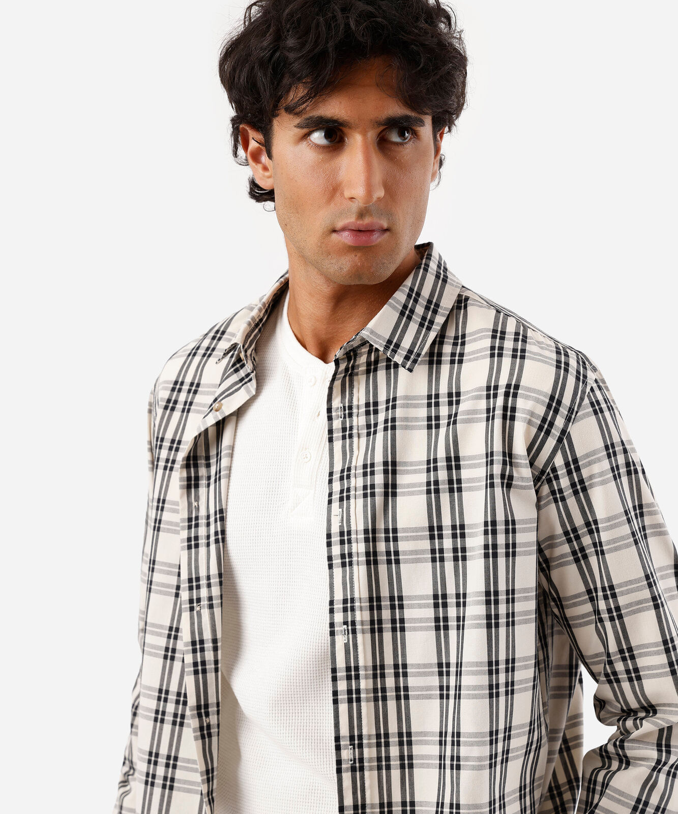 camisa masculina com algodão manga longa xadrez off white