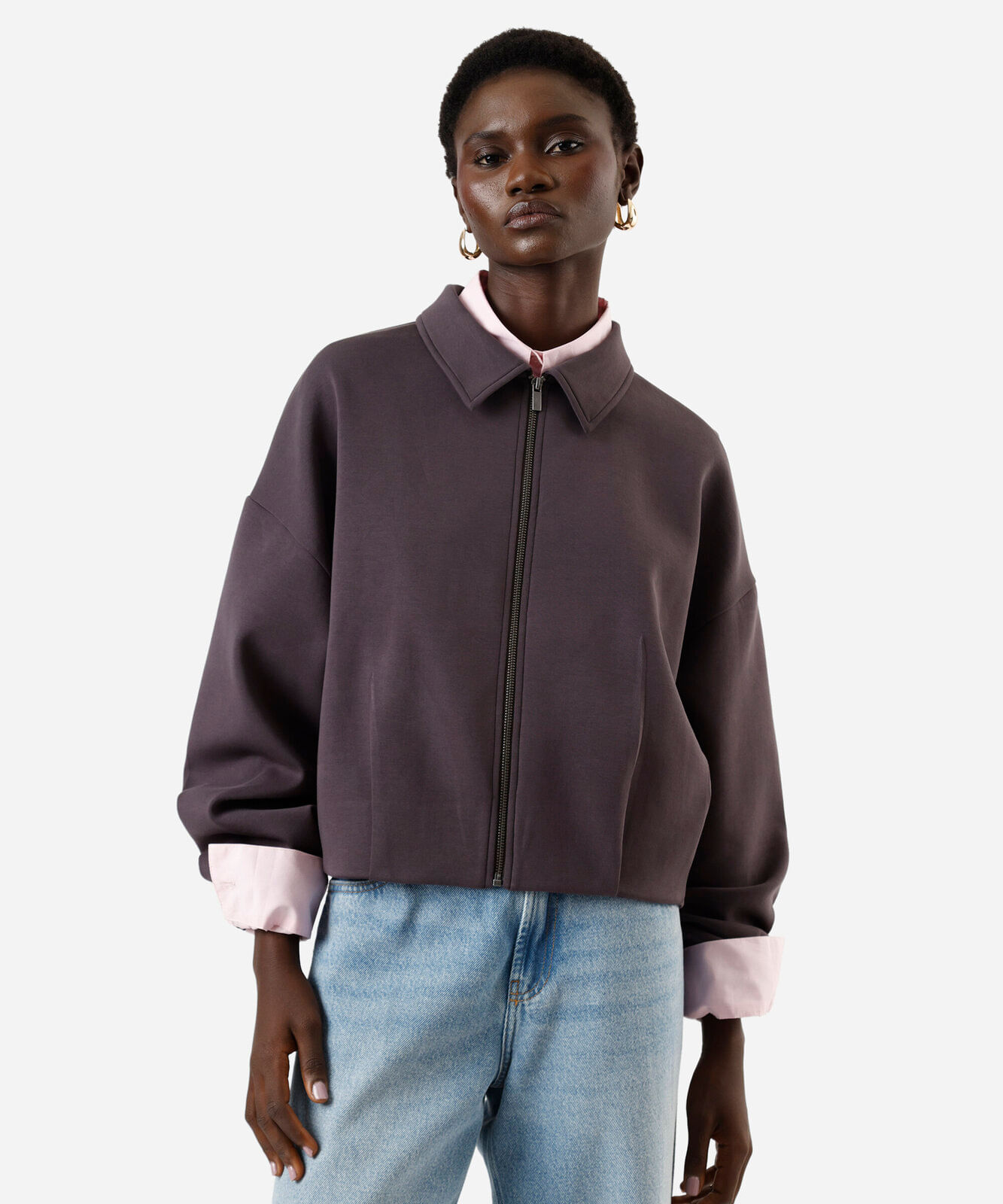 jaqueta bomber feminina com pregas cinza