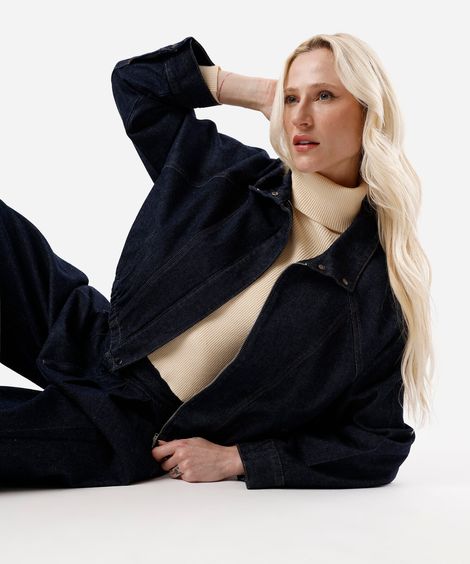 jaqueta feminina jeans gola alta azul