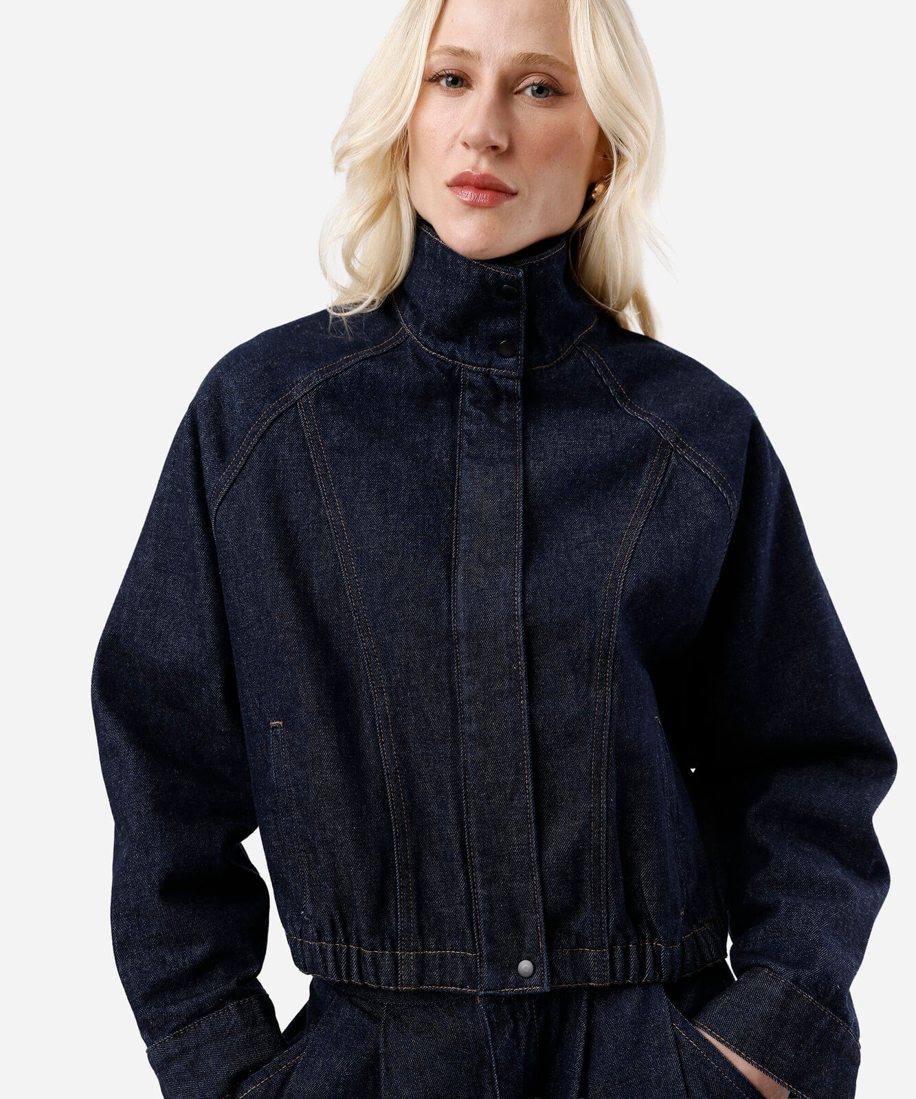 jaqueta feminina jeans gola alta azul