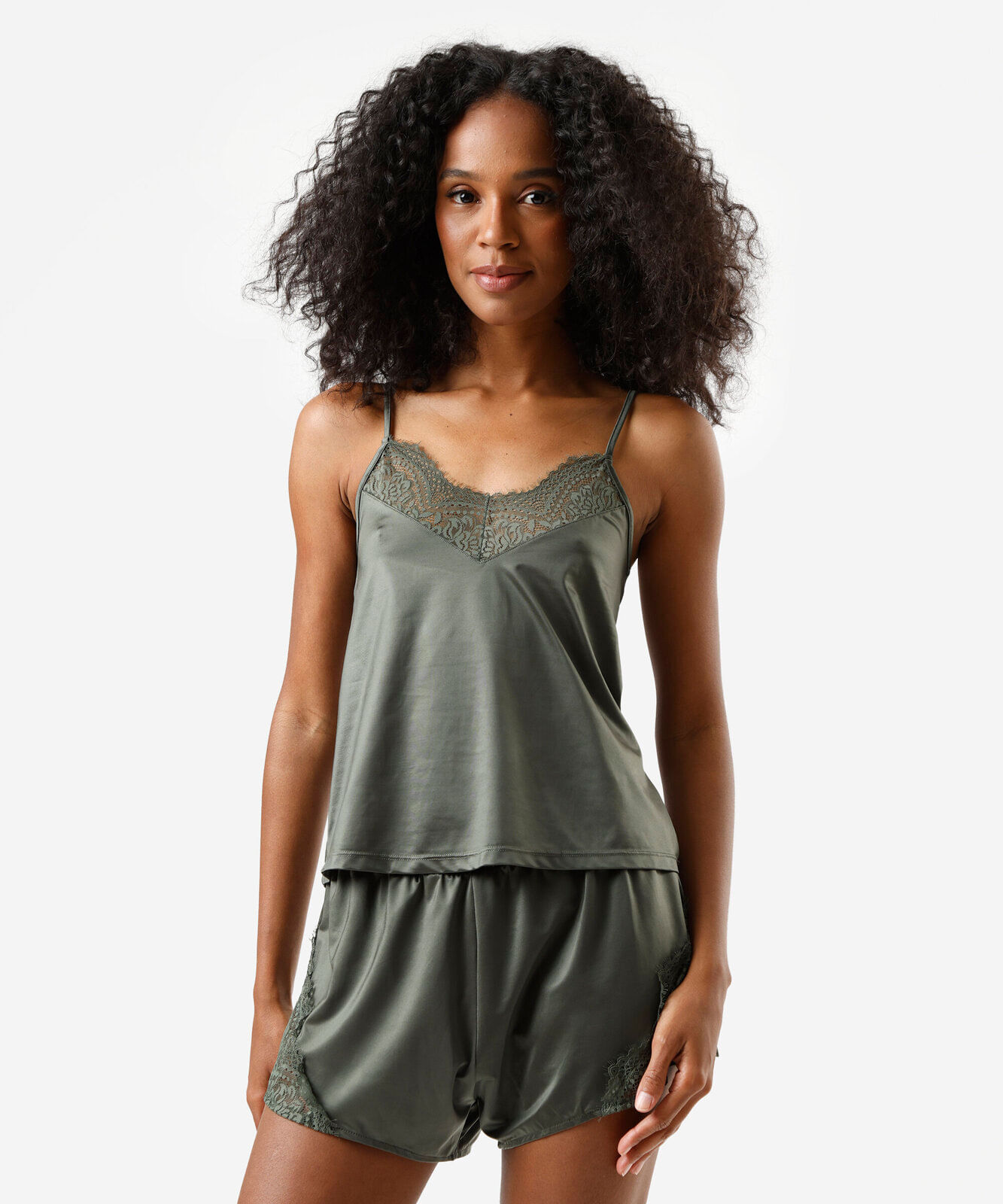pijama short doll feminino de poliamida com renda verde