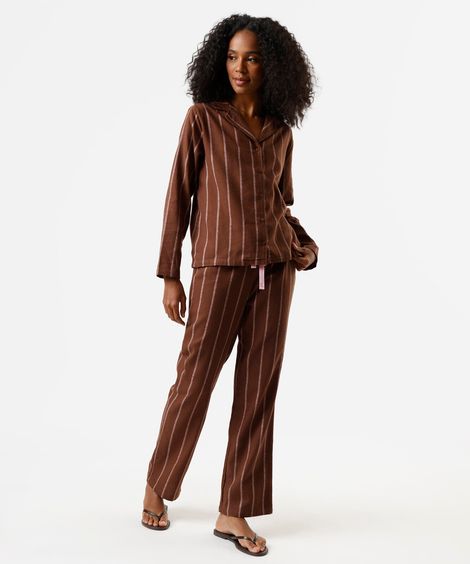 pijama americano feminino de algodão listrado marrom
