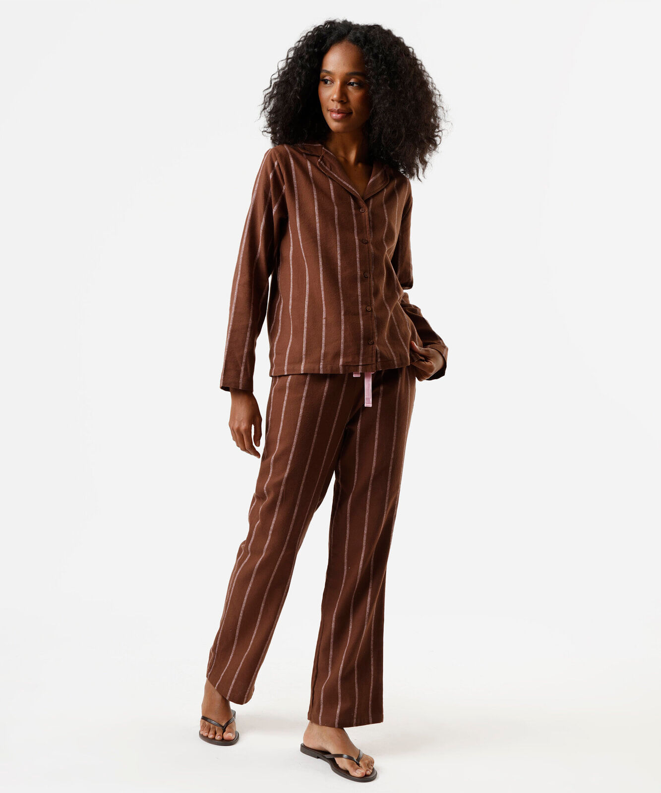 pijama americano feminino de algodão listrado marrom