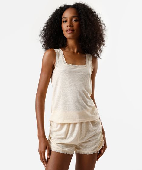 pijama short doll feminino texturizado animal print bege