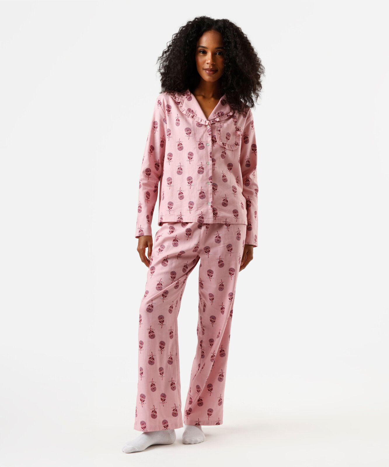 pijama longo americano feminino de algodão floral rosa