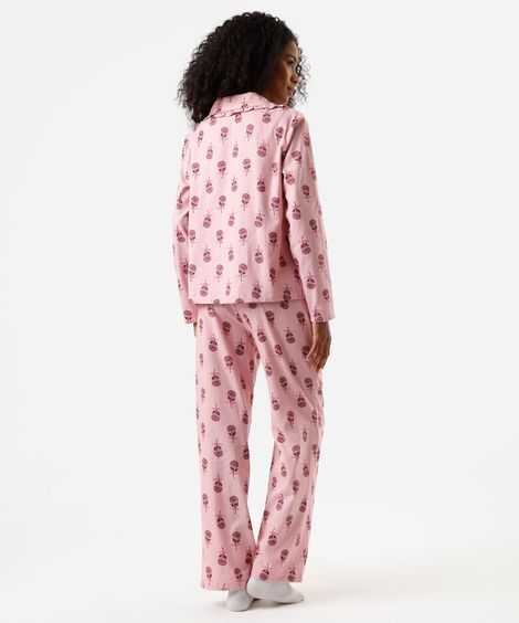 pijama longo americano feminino de algodão floral rosa