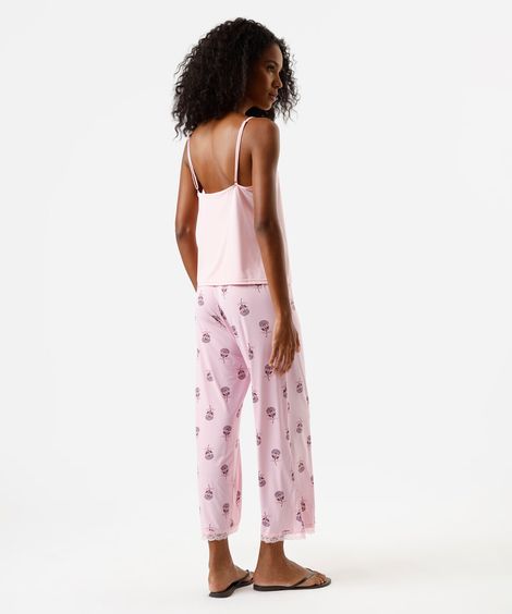 pijama longo feminino de poliamida floral rosa