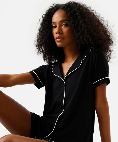 pijama curto americano feminino de viscose com nervuras preto