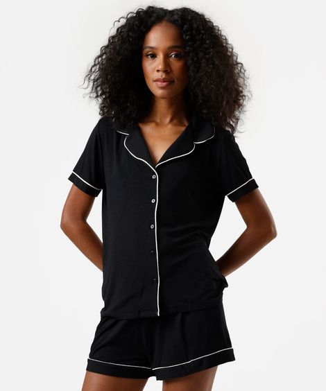 pijama curto americano feminino de viscose com nervuras preto