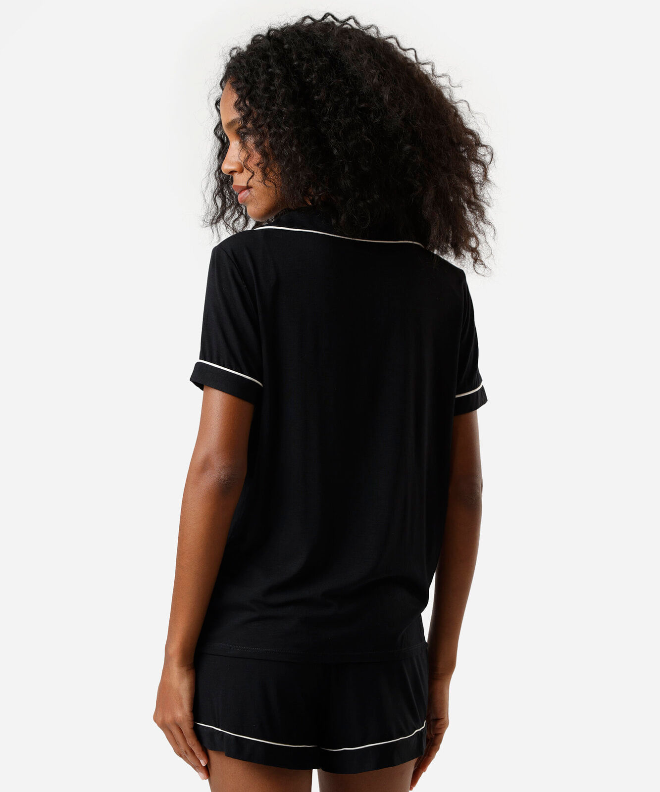 pijama curto americano feminino de viscose com nervuras preto