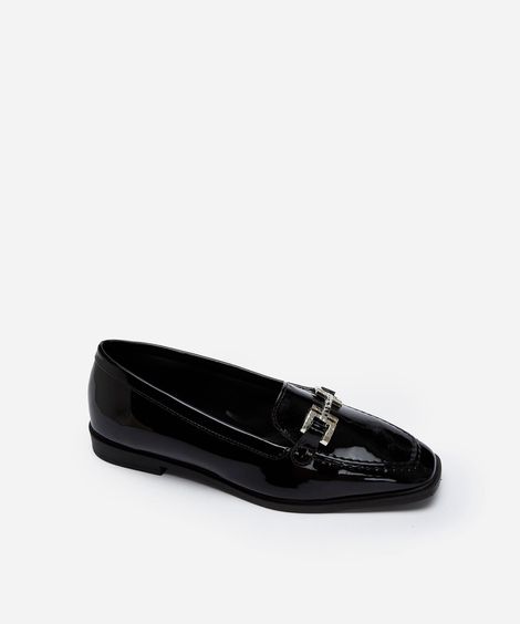 mocassim bico quadrado com fivela preto