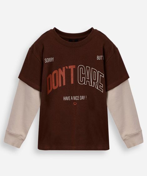 camiseta infantil de algodão manga longa estampada marrom