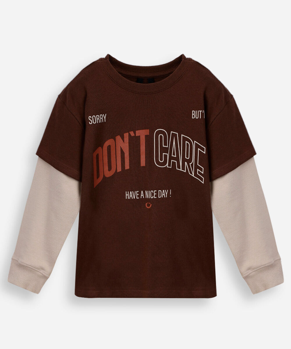 camiseta infantil de algodão manga longa estampada marrom