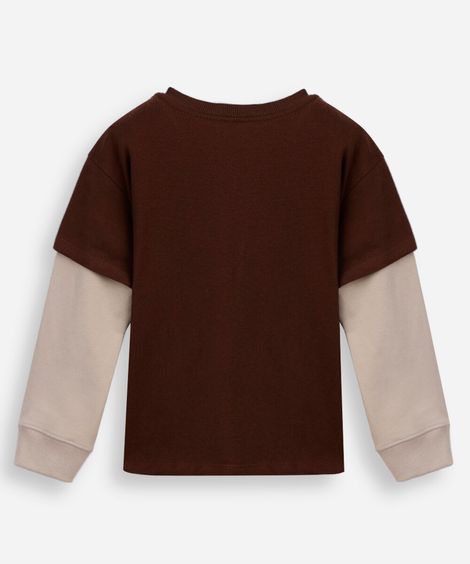 camiseta infantil de algodão manga longa estampada marrom