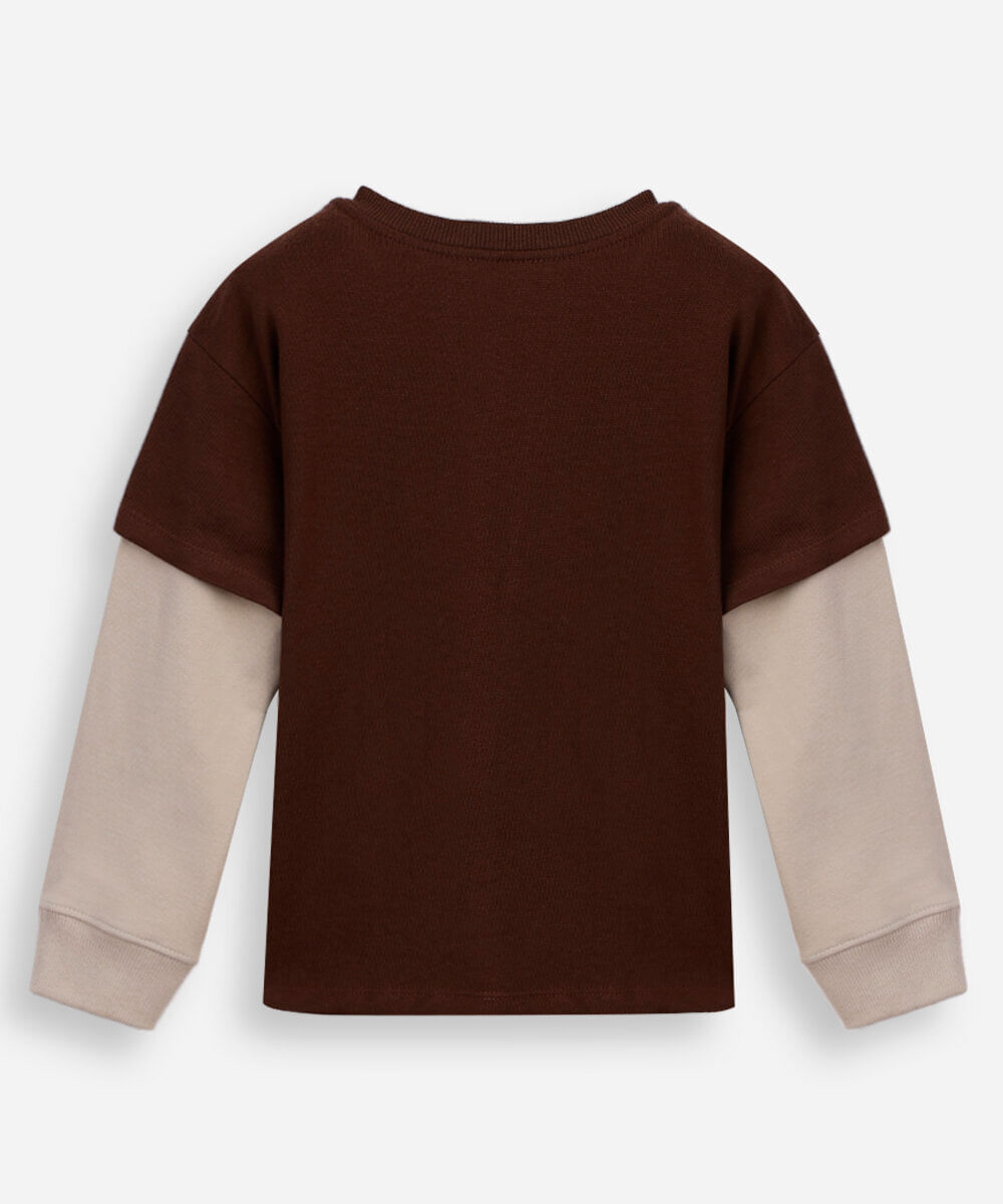 camiseta infantil de algodão manga longa estampada marrom