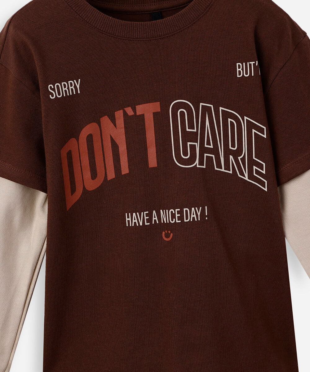 camiseta infantil de algodão manga longa estampada marrom