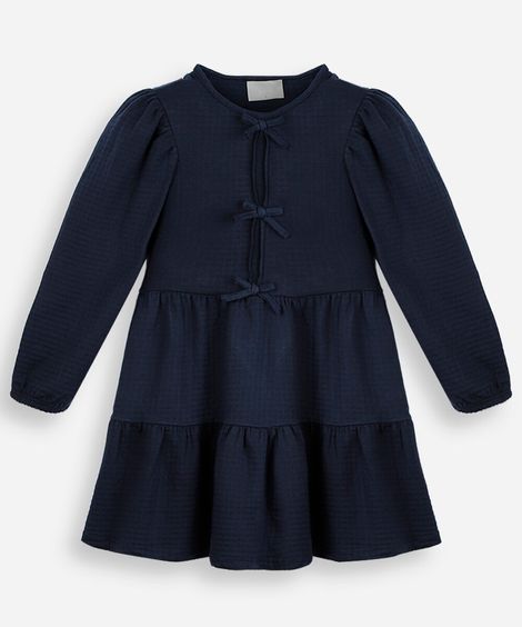 vestido infantil de algodão com recortes e laços manga longa azul
