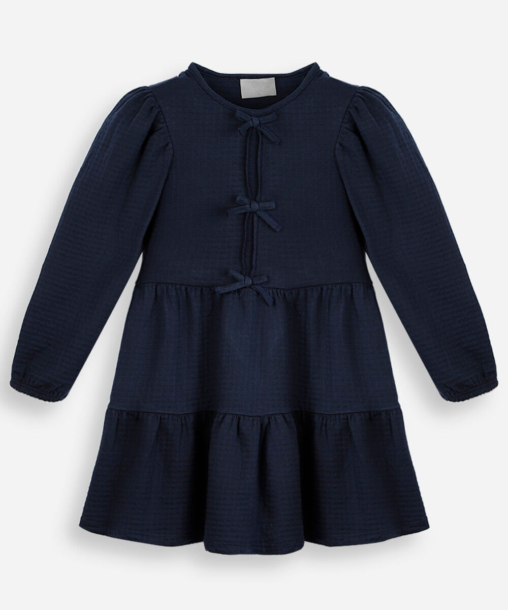 vestido infantil de algodão com recortes e laços manga longa azul