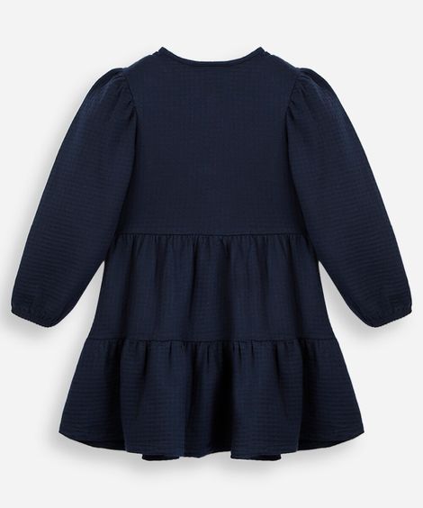 vestido infantil de algodão com recortes e laços manga longa azul