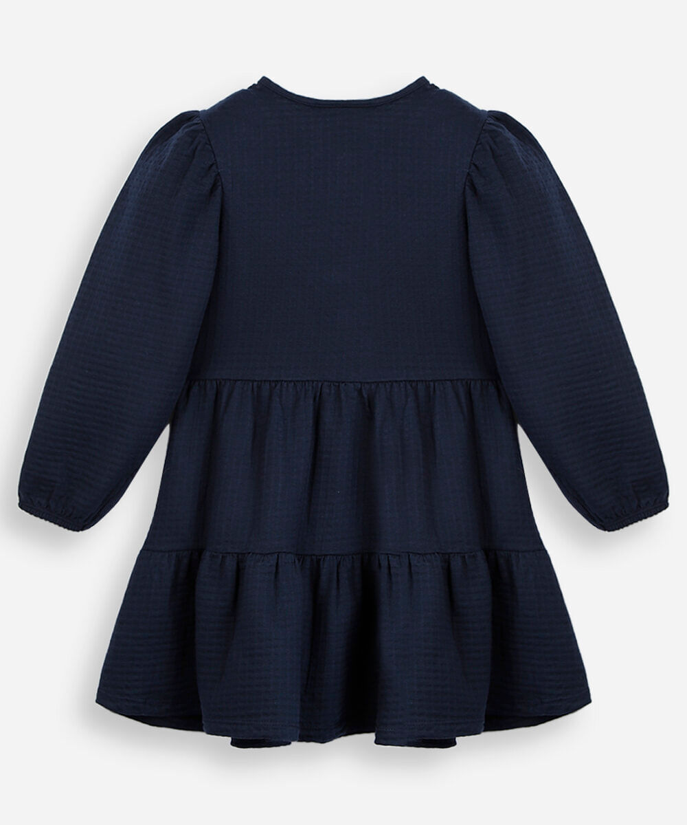 vestido infantil de algodão com recortes e laços manga longa azul