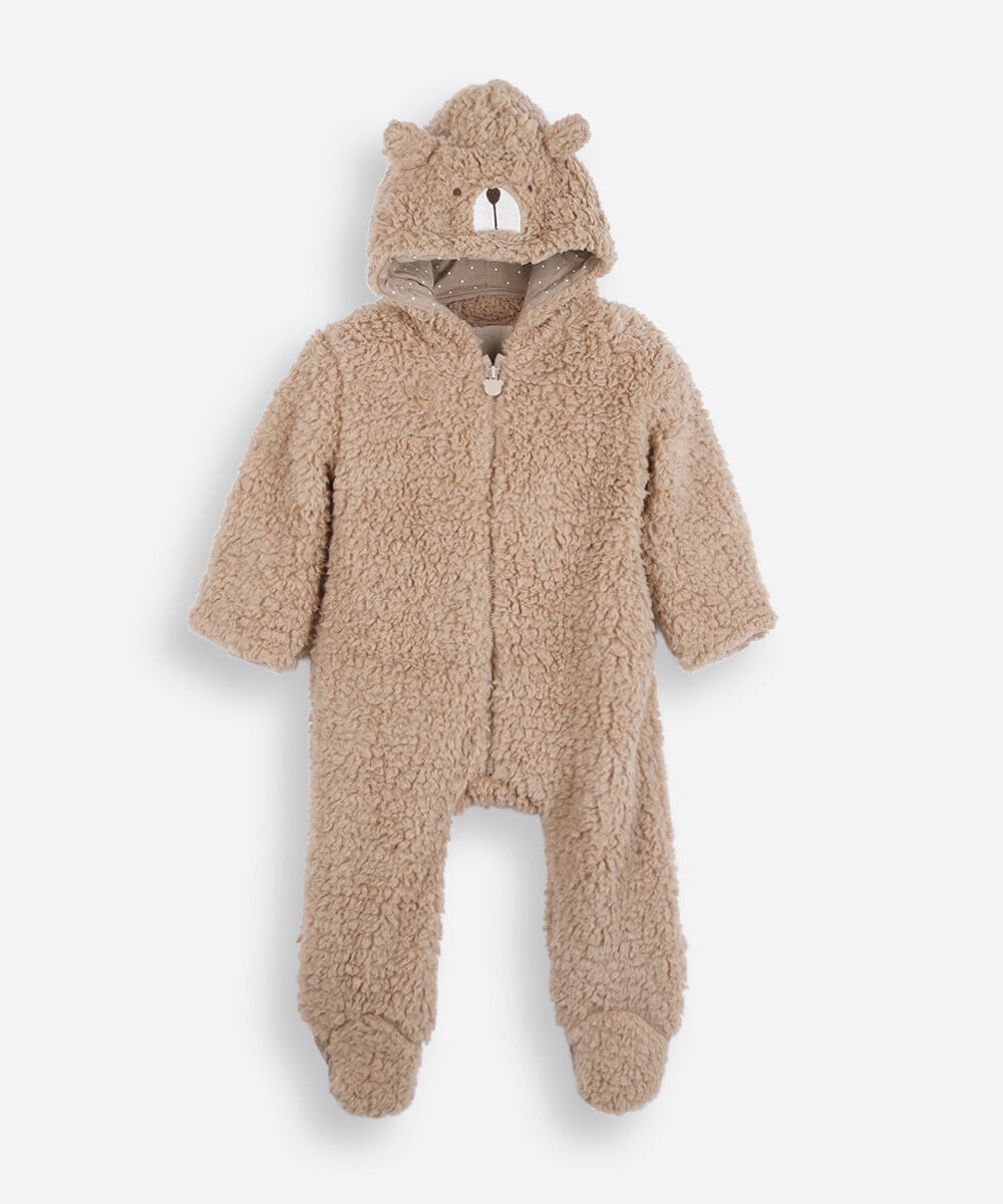 macacão infantil de sherpa com capuz de urso bege