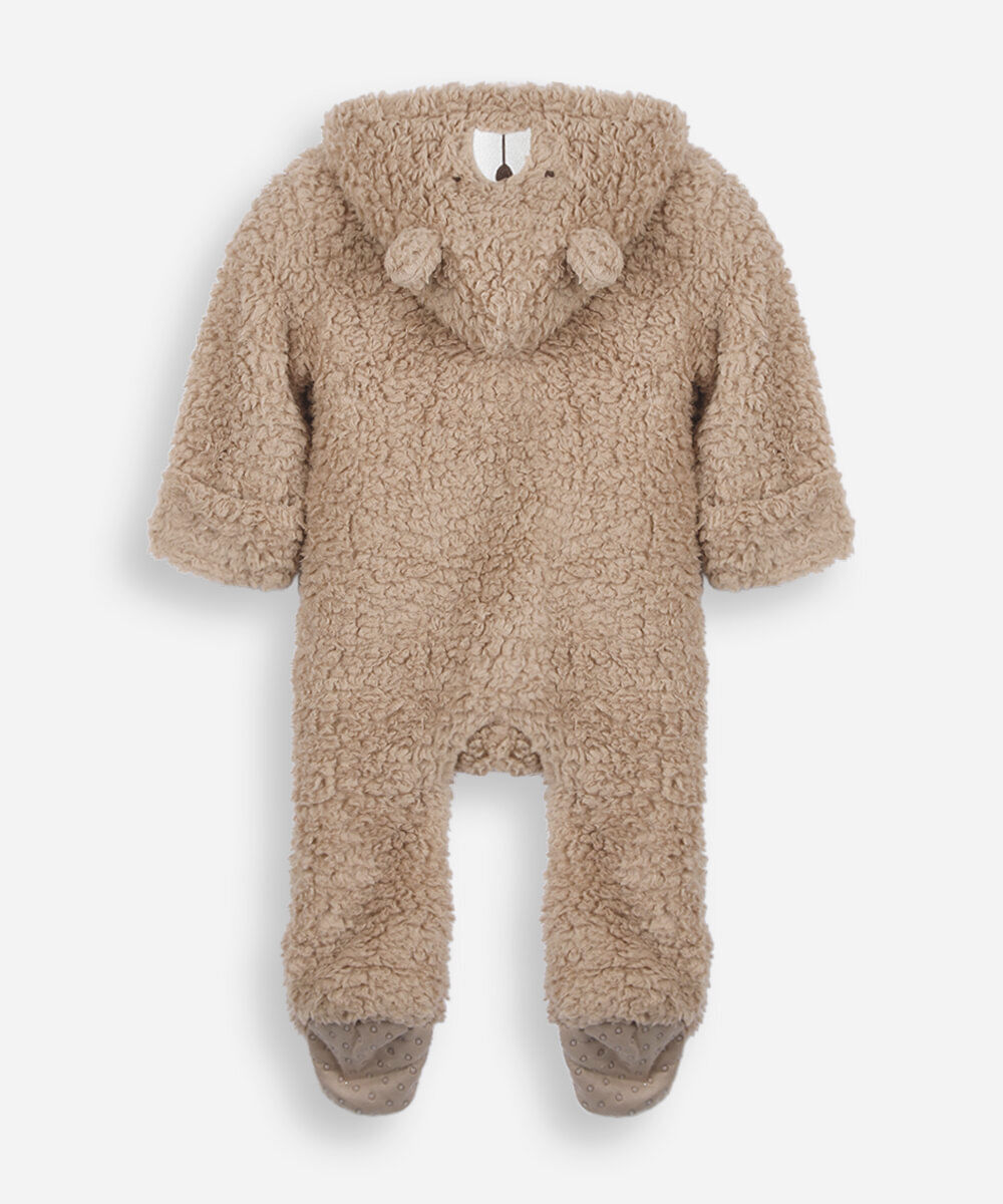 macacão infantil de sherpa com capuz de urso bege