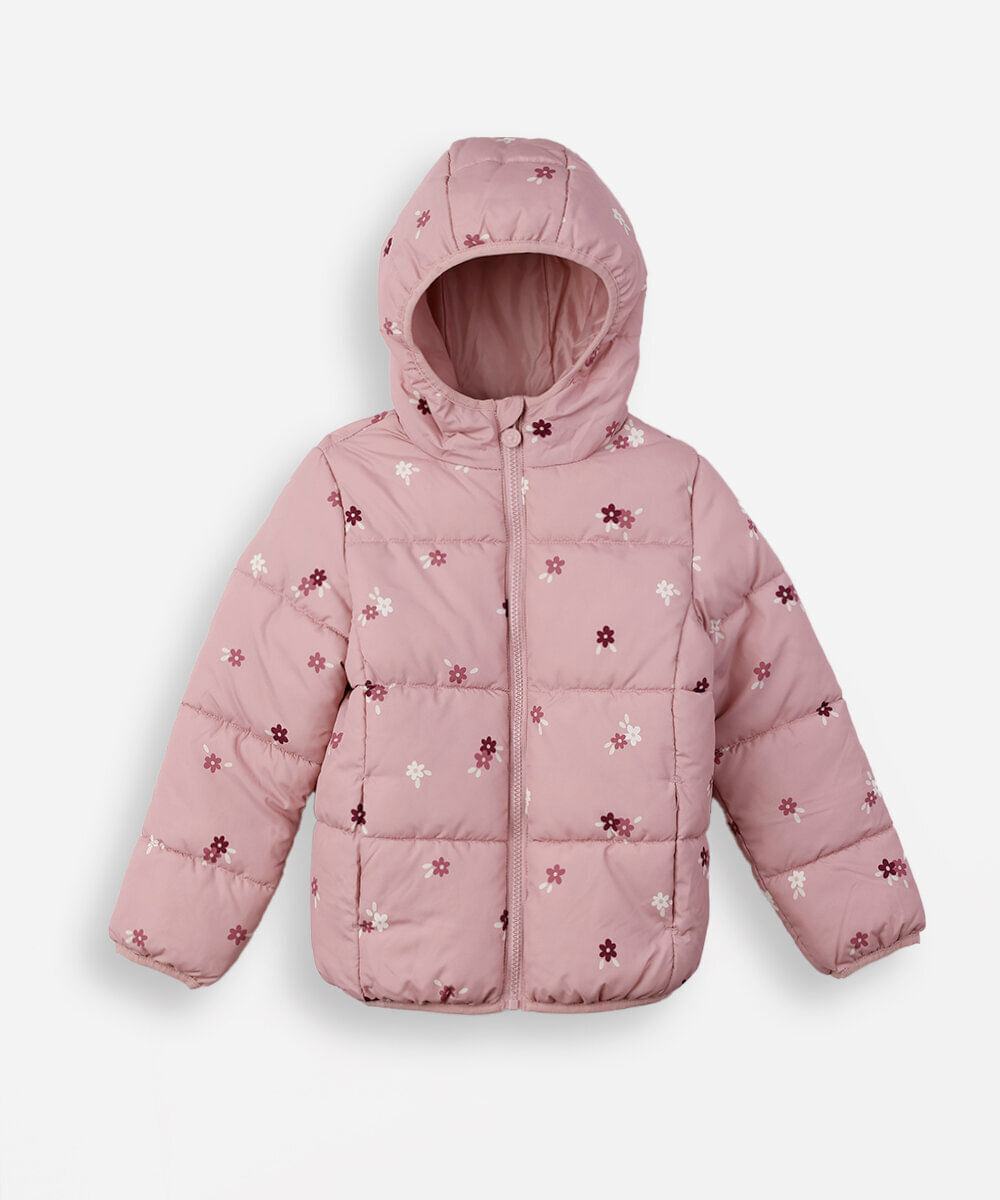 jaqueta puffer infantil com capuz floral rosa