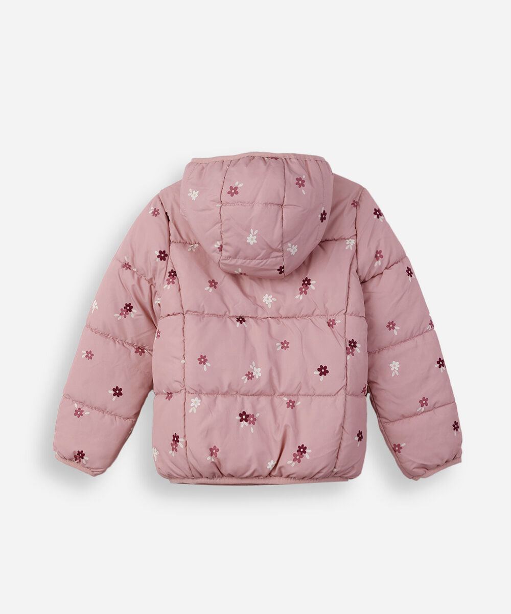 jaqueta puffer infantil com capuz floral rosa