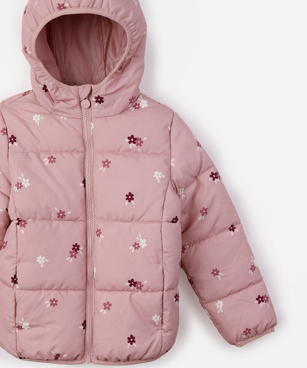 jaqueta puffer infantil com capuz floral rosa