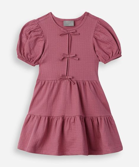 vestido infantil de algodão com recortes e laços manga bufante rosa